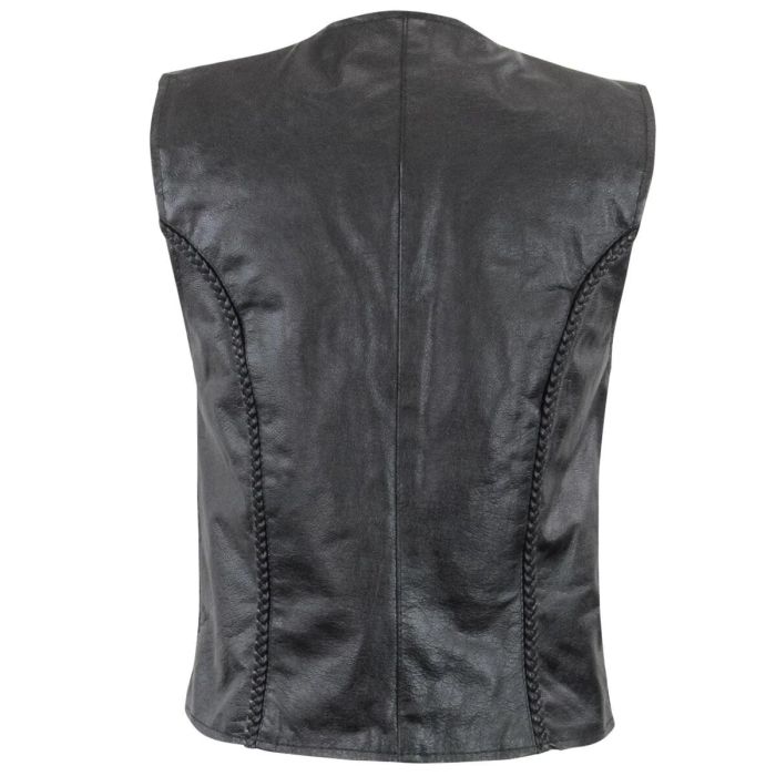 LADIES BLACK BRAIDED CLASSIC LEATHER VEST