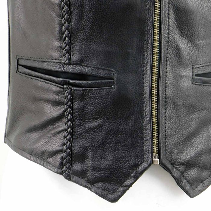 LADIES BLACK BRAIDED CLASSIC LEATHER VEST